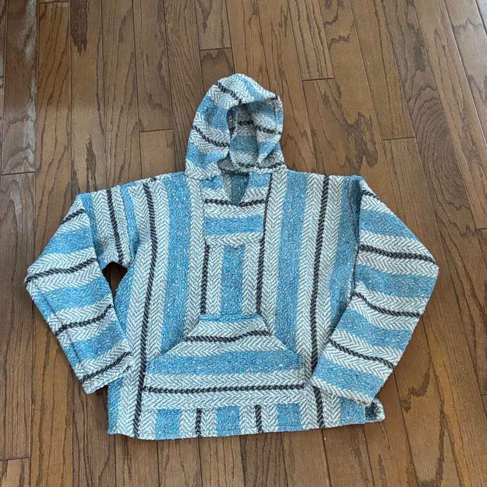 Blue and Gray Striped unisex knit hoodie for beach, surfing & boho style